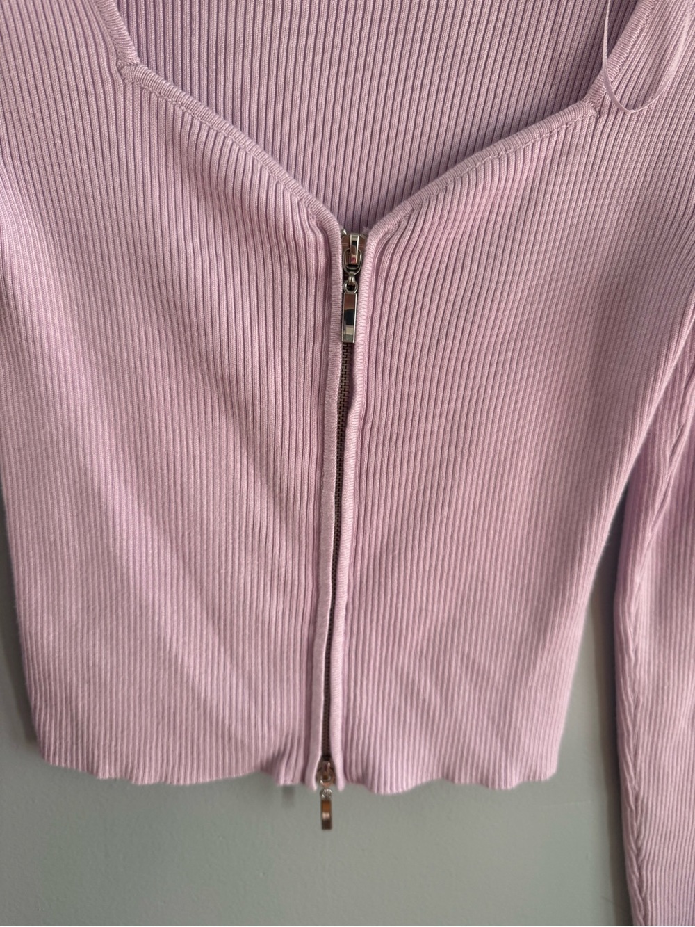 Pink Rose Ribbed Zip-Up Crop Top (thin sweater) in Soft Pink - Picture 3 of 4
